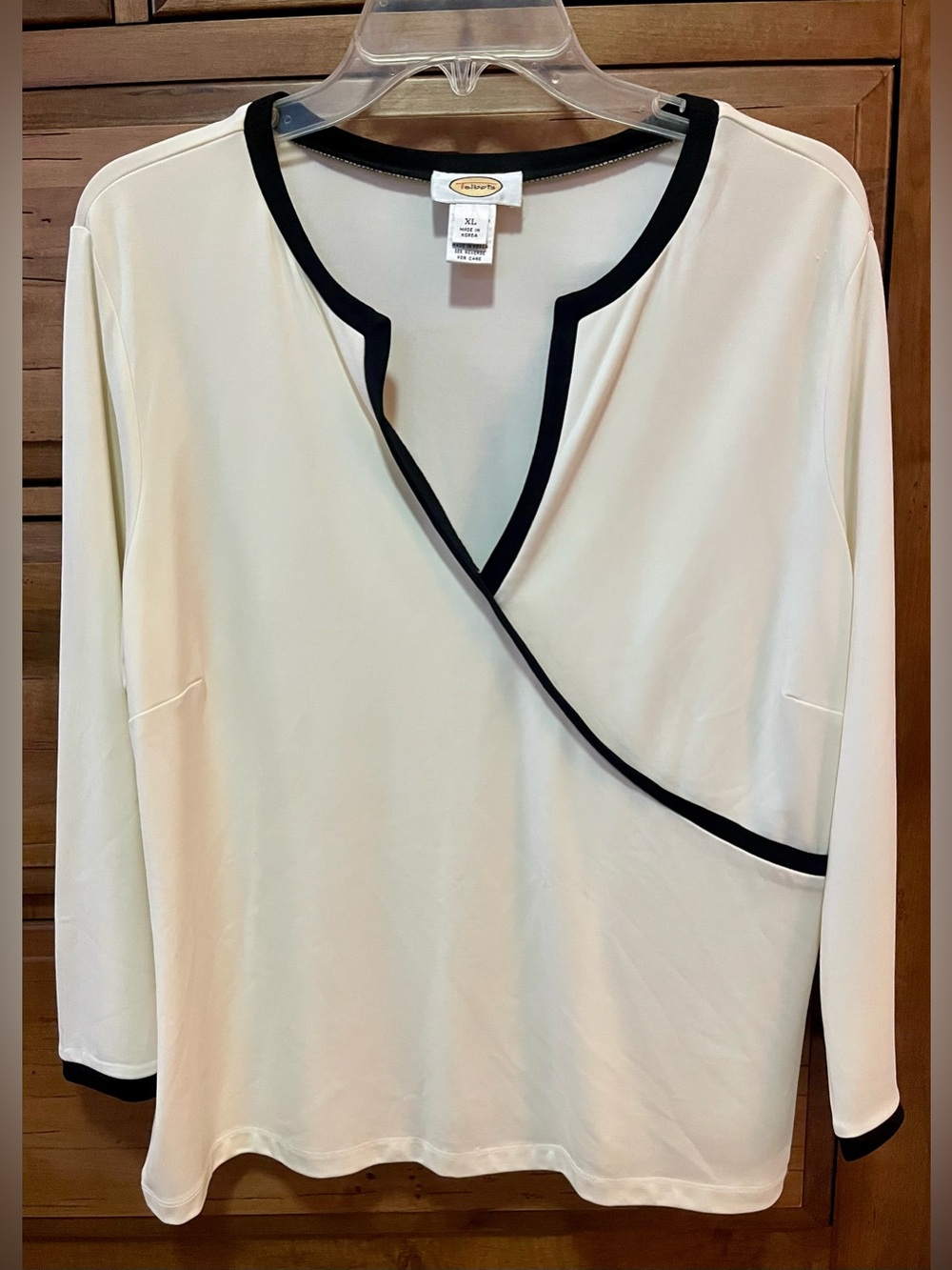 Talbots Cream Faux-Wrap Blouse with Black Trim Size XL